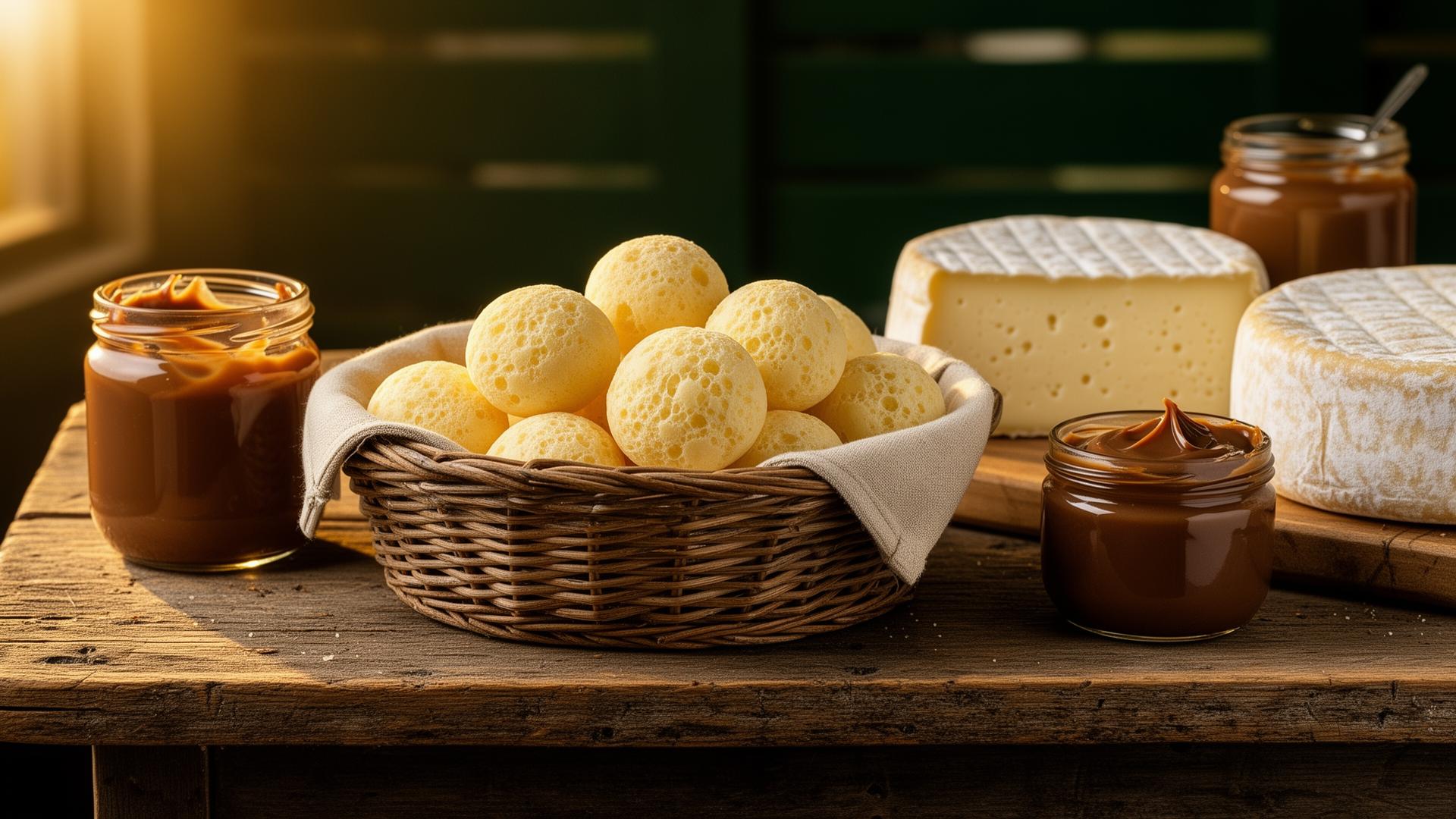 Mesa rústica de fazenda com pães de queijo, queijos artesanais e doce de leite